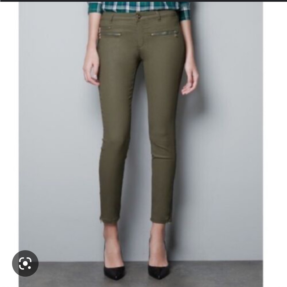 Zara Woman Slim Fit Coated Olive Green Skinny Pants